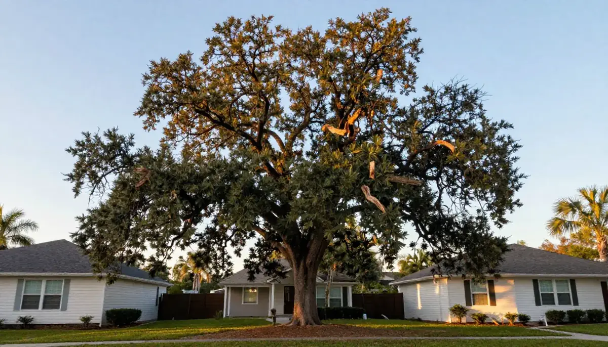 A Pinellas residential street under a mature laurel oak canopy.